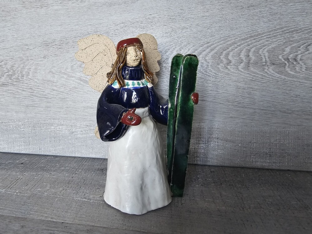 Studio Art Pottery Angel Figurine Christmas Sweater Skis 1996 Ritz Signed Vtg